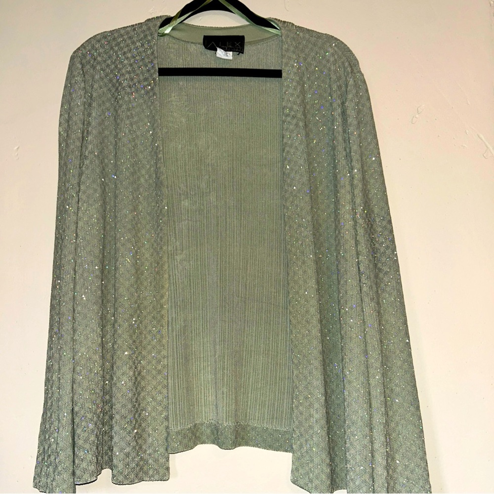Alex Evenings Shimmering Light Sage Green Open Cardigan Sz 16